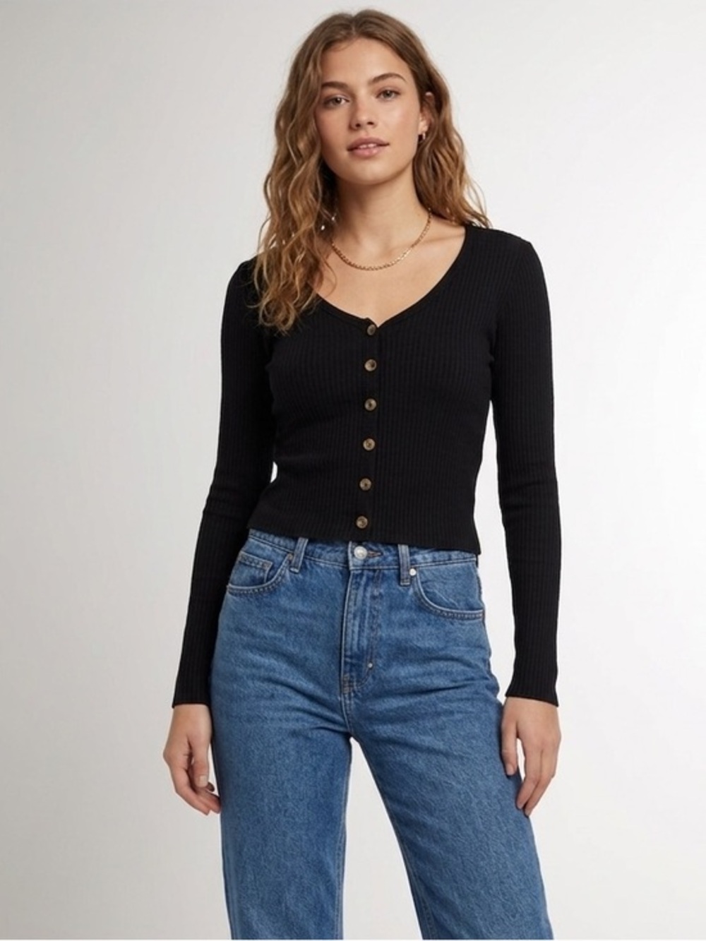 Garage Black Ribbed Button Front Detail Long Sleeve Size Extra Small